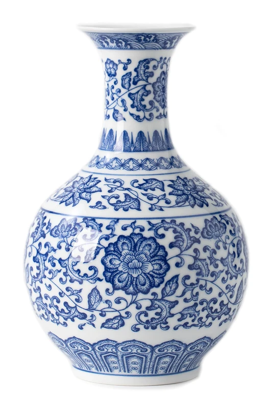 Blue & White Chinoiserie Ceramic Vase - Decorative Glossy Vase, 9.5" for Home, Office, Table, Living Room, Bookshelf, Mantle, Centerpieces