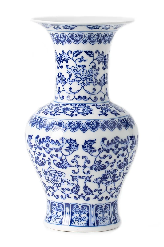 Chinoiserie Ceramic Vase, Blue and White Porcelain, 10" - Home Décor for Living Room, Bookshelf, Mantle Fireplace, Table Centerpieces
