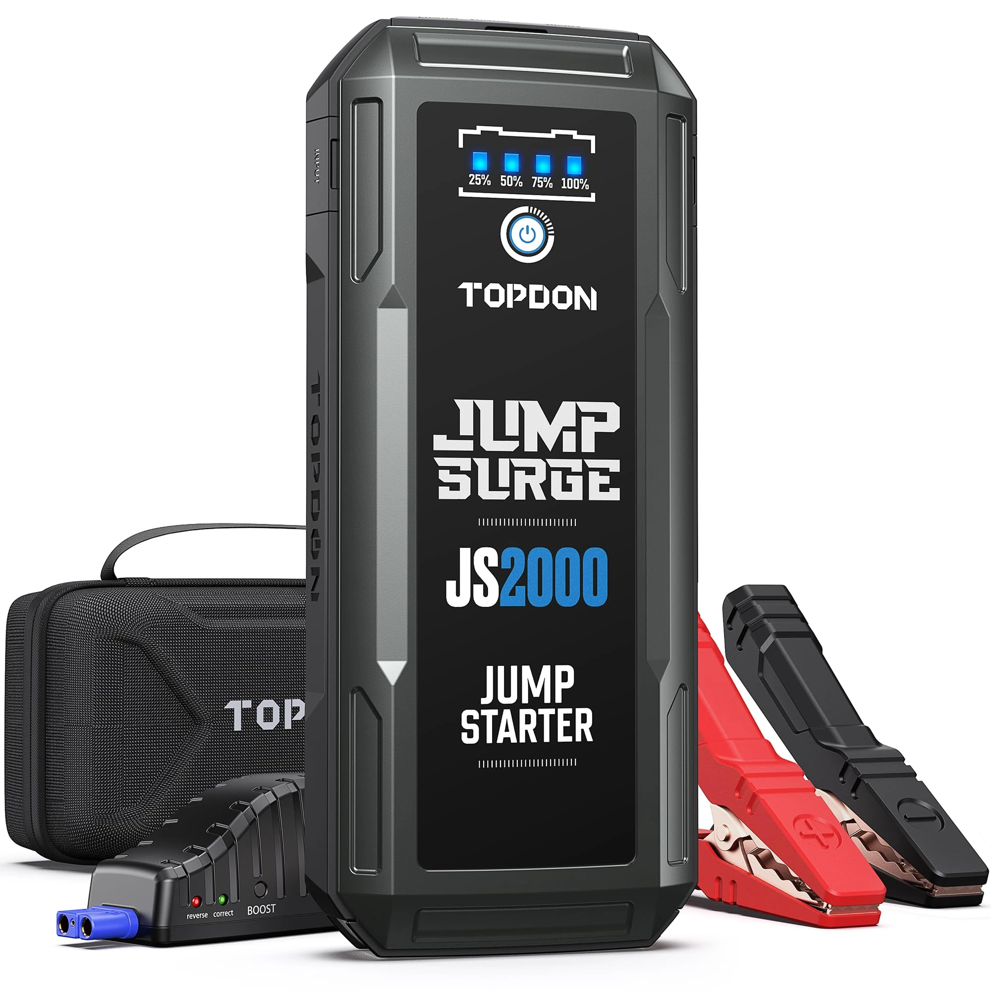 TOPDON Jump Starter Power Pack JS2000, 2000A/16000mAh Battery Booster Jump Starter for Up to 8L Gas/6L Diesel Engines, Portable Jump Start Power Bank with Jumper Cable/LED Flashlight