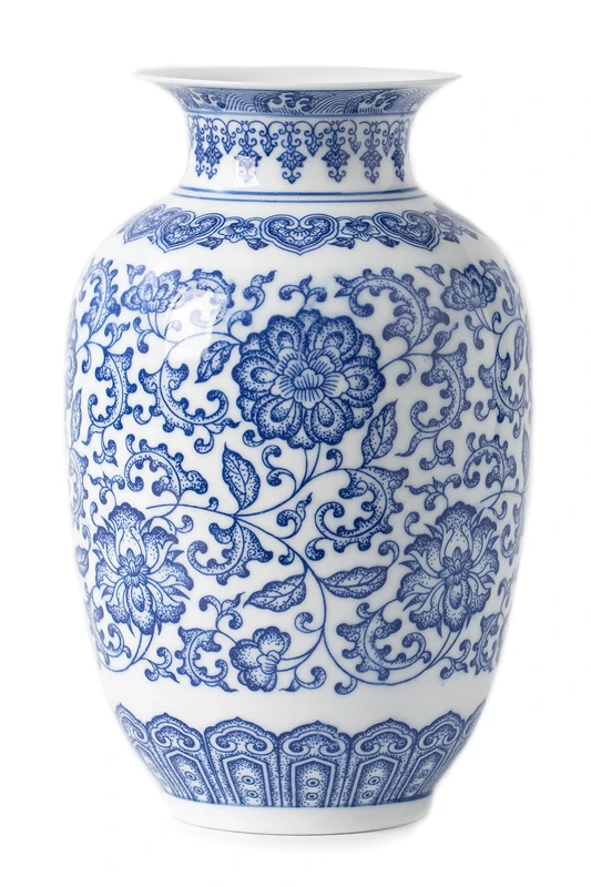 Blue and White Chinoiserie Decorative Ceramic Vase - Glossy Table, Living Room, Bookshelf, Mantle, Centerpiece - 9 inches