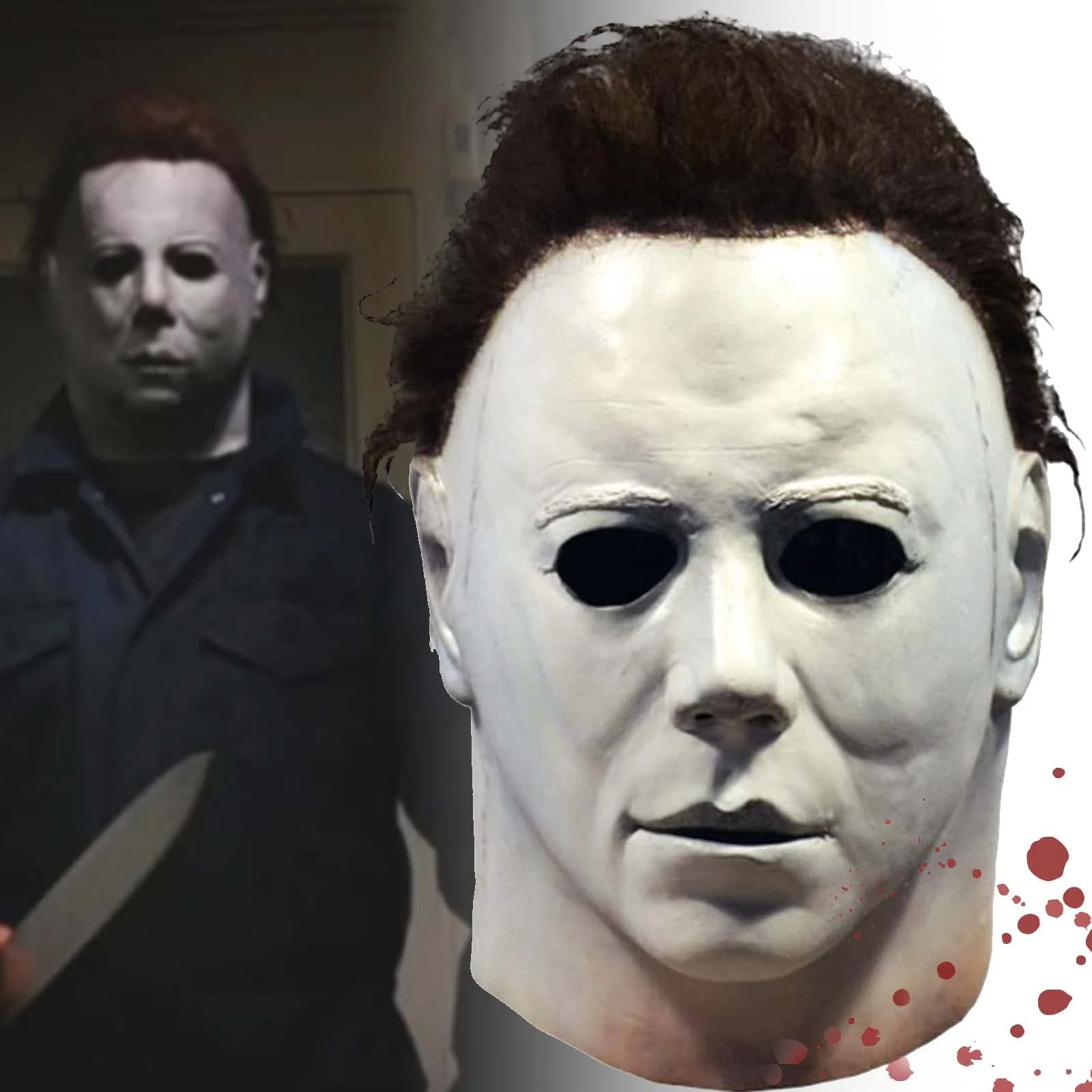 Michael Myers Masks Adult, Full Head Horror Classic Original Micheal Myers White Face Mask With Hair Scary Halloween Kills Horror Cosplay Costume Latex Props (Style 01)