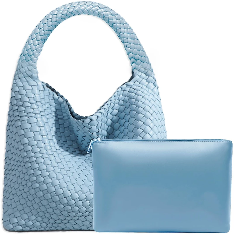 JINMANXUE Women Vegan Leather Hand-Woven Tote Handbag Fashion Shoulder Top-handle Bag All-Match Underarm Bag with Purse, Sky Blue, L