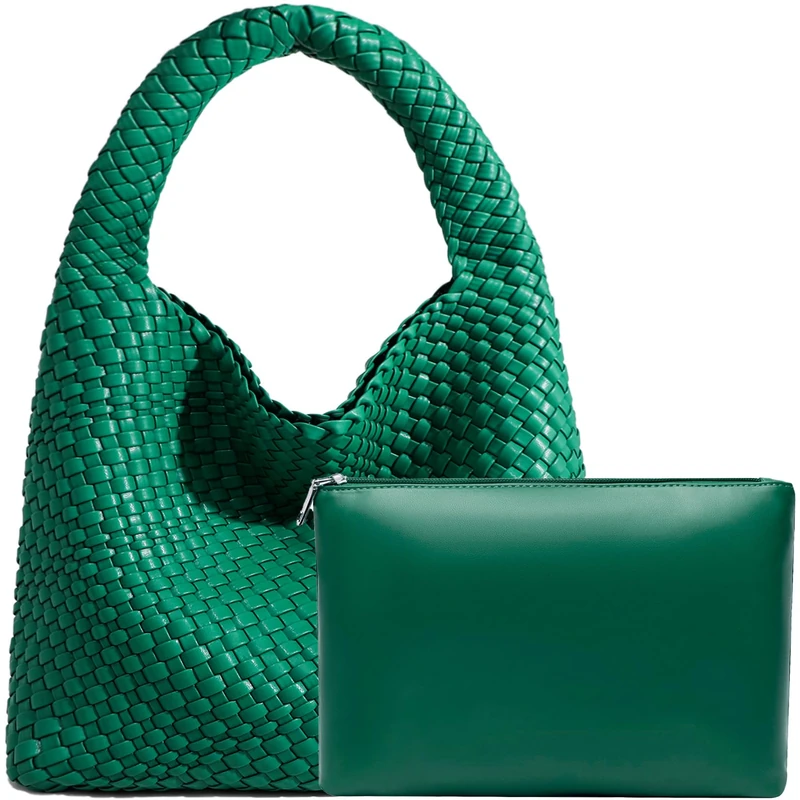 JINMANXUE Women Vegan Leather Hand-Woven Tote Handbag Fashion Shoulder Top-handle Bag All-Match Underarm Bag with Purse, Green, L