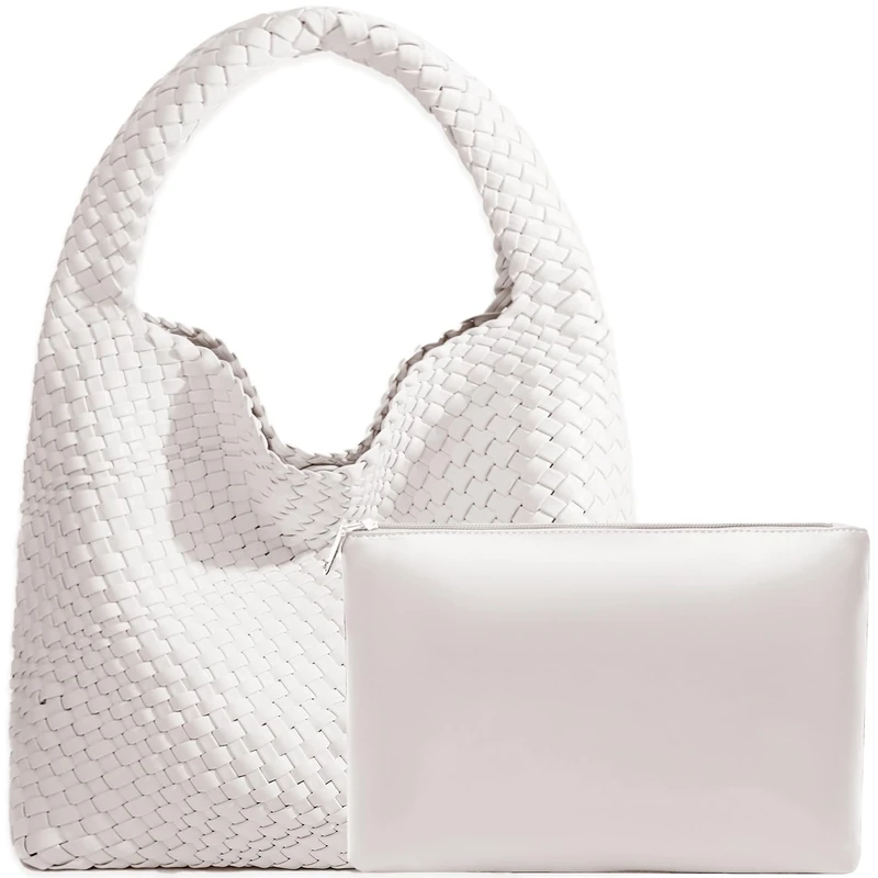 JINMANXUE Women Vegan Leather Hand-Woven Tote Handbag Fashion Shoulder Top-handle Bag All-Match Underarm Bag with Purse, Creamy White, L