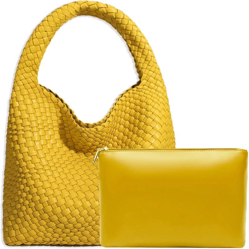 JINMANXUE Women Vegan Leather Hand-Woven Tote Handbag Fashion Shoulder Top-handle Bag All-Match Underarm Bag with Purse, Yellow, L