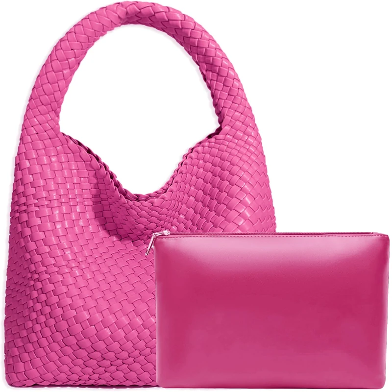 JINMANXUE Women Vegan Leather Hand-Woven Tote Handbag Fashion Shoulder Top-handle Bag All-Match Underarm Bag with Purse, Rose Red, L