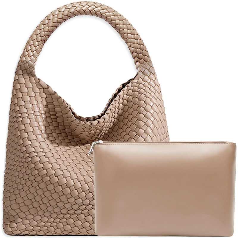 JINMANXUE Women Vegan Leather Hand-Woven Tote Handbag Fashion Shoulder Top-handle Bag All-Match Underarm Bag with Purse, Apricot, L