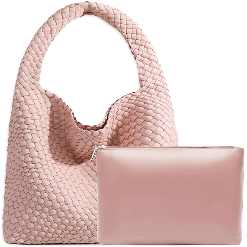 JINMANXUE Women Vegan Leather Hand-Woven Tote Handbag Fashion Shoulder Top-handle Bag All-Match Underarm Bag with Purse, Pink, L
