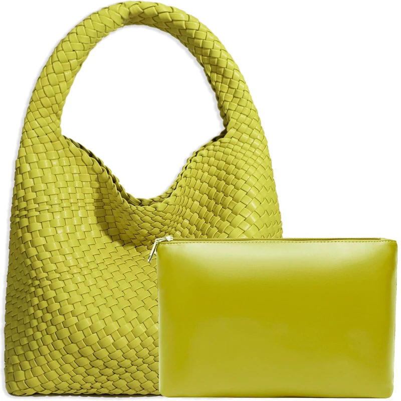 JINMANXUE Women Vegan Leather Hand-Woven Tote Handbag Fashion Shoulder Top-handle Bag All-Match Underarm Bag with Purse, Lemon Yellow, L