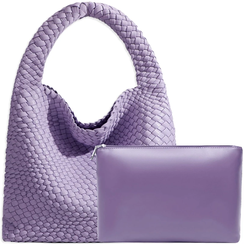 JINMANXUE Women Vegan Leather Hand-Woven Tote Handbag Fashion Shoulder Top-handle Bag All-Match Underarm Bag with Purse, Violets, L