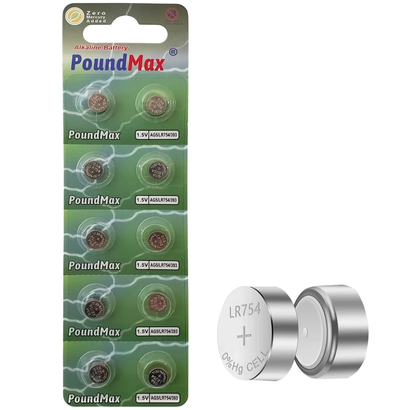 10 X AG5 LR754 LR750 LR754W 393 SR754 193 546 RW28 1.5v PoundMax ALKALINE BUTTON CELL BATTERY