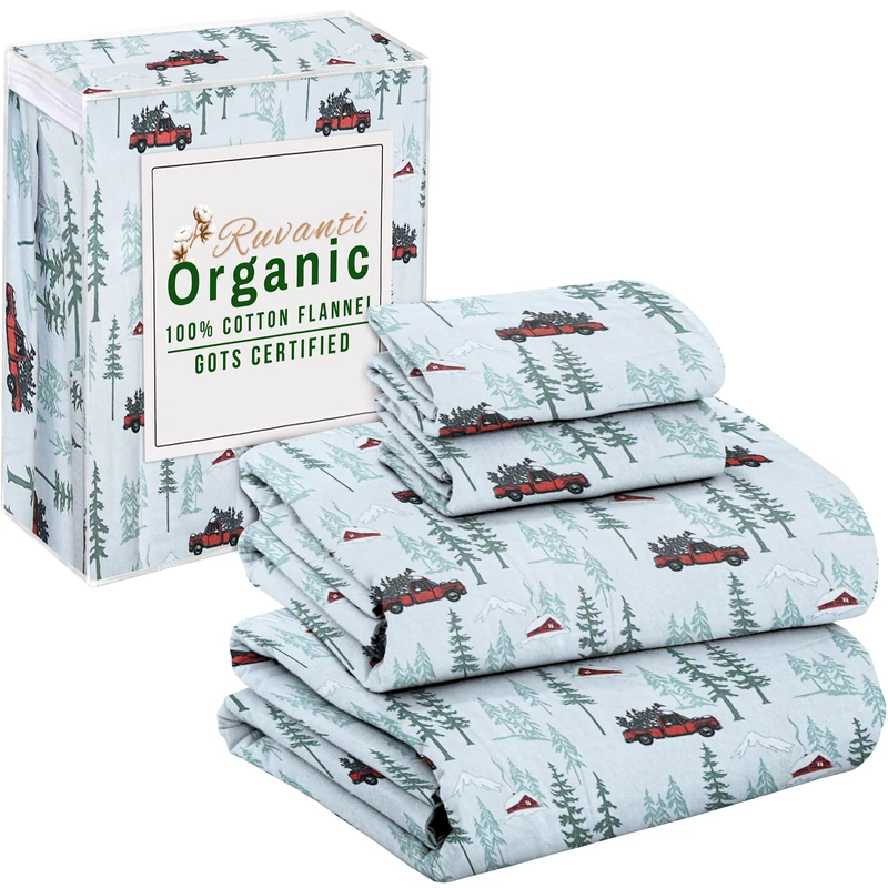 Ruvanti 100% Baumwolle, 4-teiliges Flanell-Bettlaken, volle tiefe Tasche, warm, super weich, atmungsaktiv, feuchtigkeitsableitend, volle Größe, Spannbetttuch, 2 Kissenbezüge – nostalgischer Winter