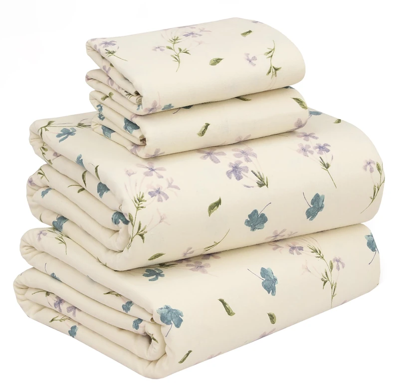RUVANTI Flannel Sheets California King Size - 100% Cotton Brushed Cal King Bed Sheets Set - Deep Pockets 14 Inches - All Seasons Breathable & Extra Soft - Warm & Cozy, 4 Piece, Jasmine Stamp Cream