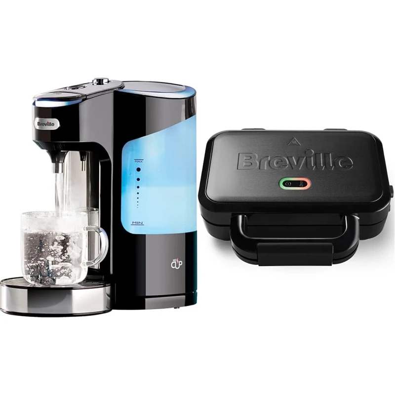 Breville HotCup Hot Water Dispenser with 3 KW Fast Boil and Variable Dispense, 2.0 Litre, Gloss Black [VKJ318] & Ultimate Deep Fill Toastie Maker | 2 Slice Sandwich Toaster| Black [VST082]
