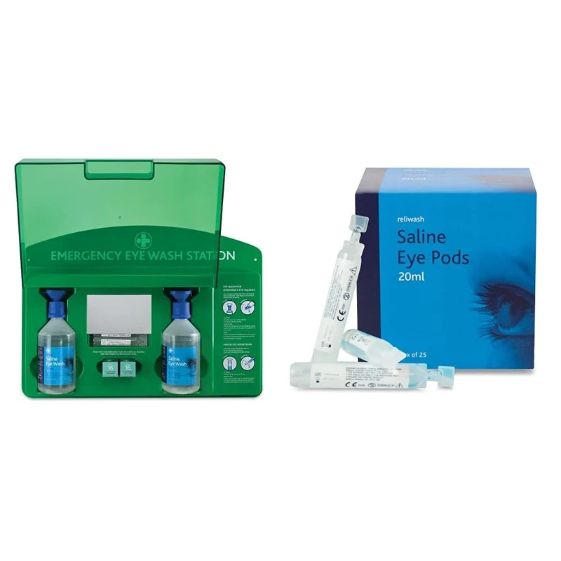 RELIANCE MEDICAL REL919 Complete Emergency Eye Wash Station with 20ml Pods/500ml Bottles/Eye Pads/Mirror & Reliwash Saline Eye Wash Pods 25 x 20ml