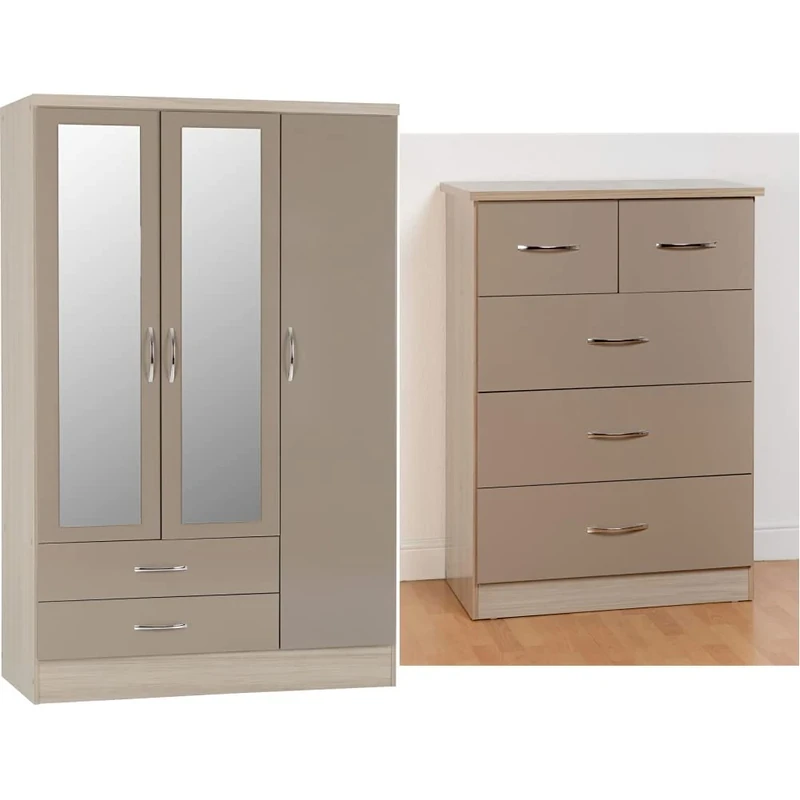 Seconique Nevada 3 Door 2 Drawer Wardrobe, Oyster & Nevada 3+2 Drawer Chest - Oyster Gloss/Light Oak Effect Veneer