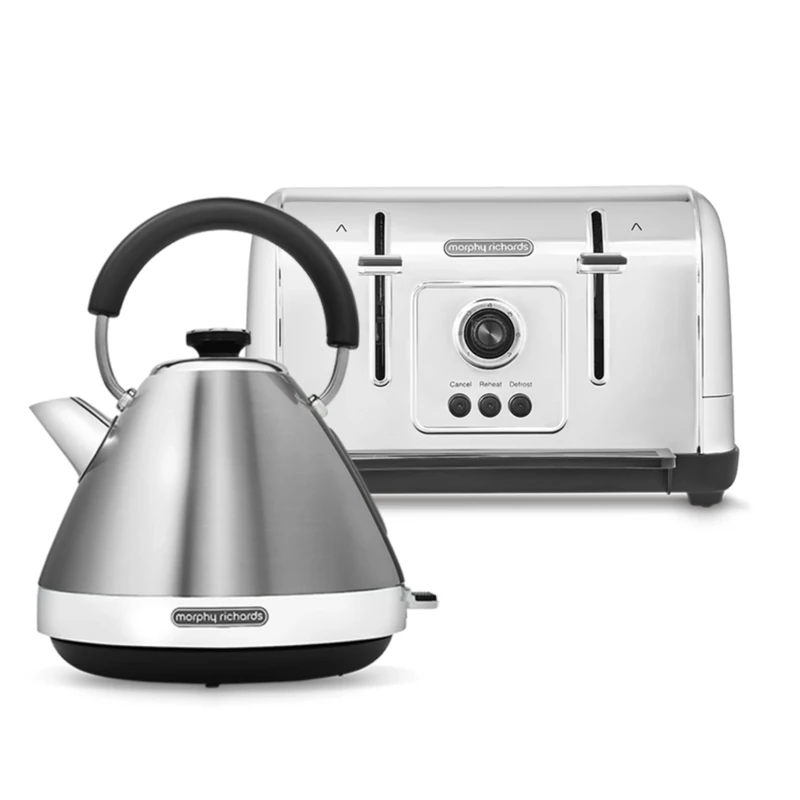 Morphy Richards Venture Kettle and 4-Slice Toaster Set – 1.7L Pyramid Kettle with Fast Boil Function & 4-Slice Toaster, Variable Browning & Auto Pop-Up, Brushed Stainless Steel, 100130 | 240130