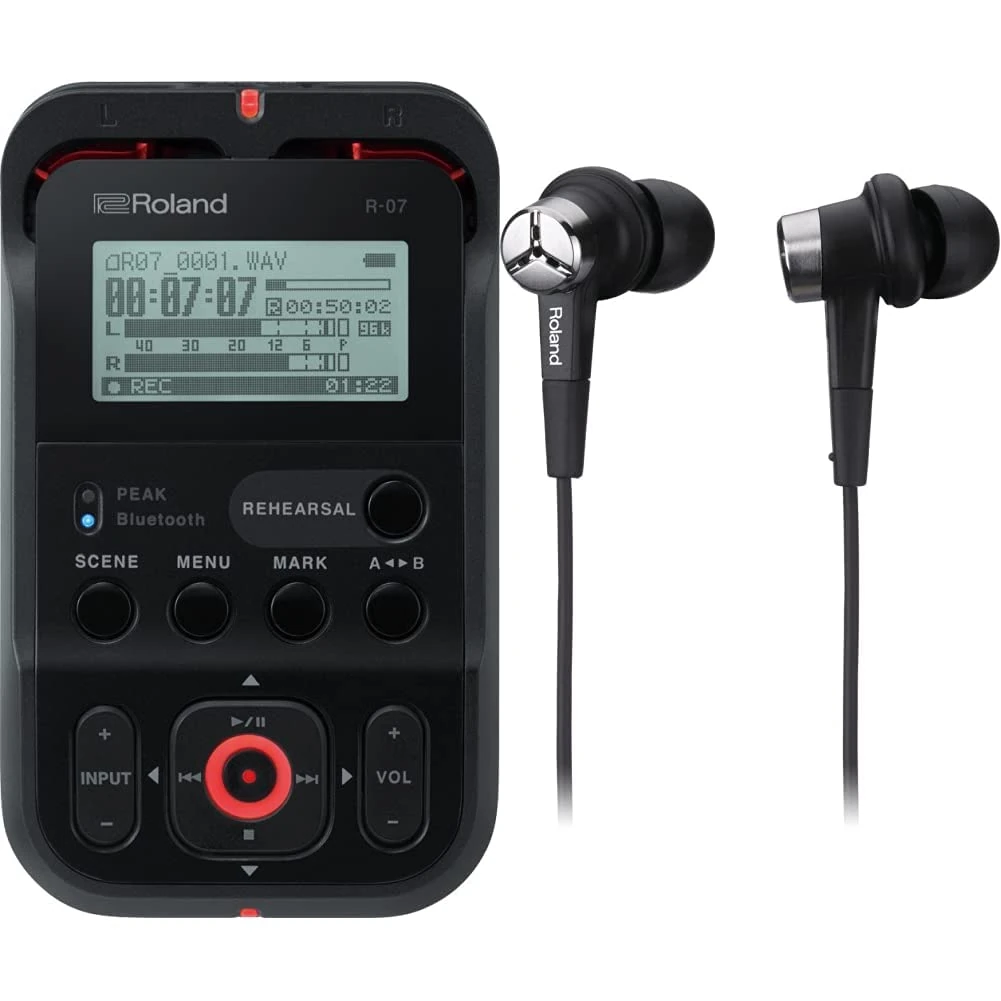 Roland R-07 High-Resolution Portable Audio Recorder, Ultra-Portable Recorder with Wireless Listening And Remote Control, Black & CS-10EM Binaural Earphones And Mic, Black, Two Functions In One