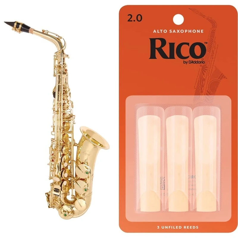 Odyssey Alto Saxophone Outfit & Rico Reeds - Thinner Vamp Cut for Ease of Play - Alto Sax Reeds 2 Strength, 3-Pack