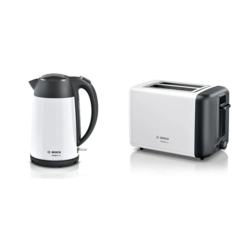 Bosch DesignLine TWK3P421GB Stainless Steel Cordless Kettle, 1.7 Litres, 3000W - White & Black and TAT3P421GB DesignLine Toaster, Stainless Steel, 970 W, White