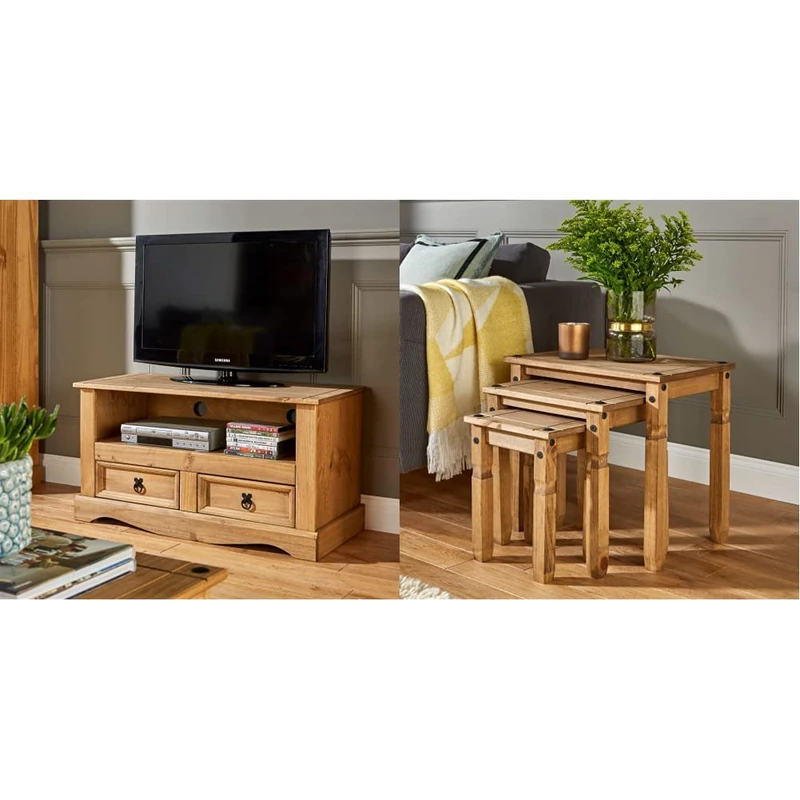 Home Source TV Stand Entertainment Unit Solid Pine 2 Drawer Corona Television Cabinet Nest of Tables Solid Pine Corona Mexican Pine Table Set of 3