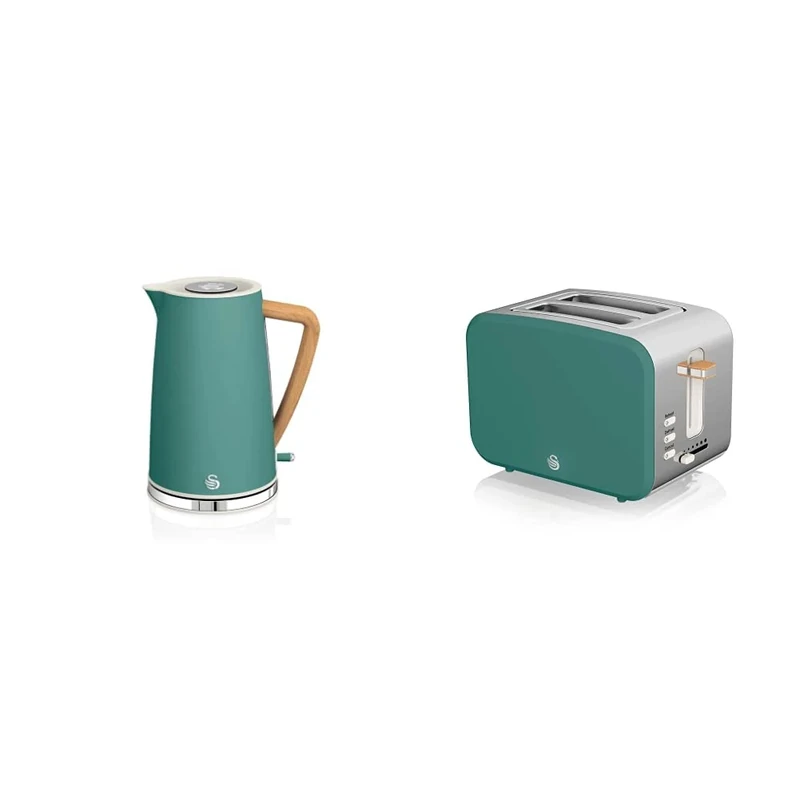 Swan Nordic Jug Kettle, 1.7 Litre, Pine Green, Rapid Boil, 3kw, SK14610GREN & Nordic 2 Slice Toaster, Green, 900W, Soft Touch and Matte Finish, 6 Browning Levels, ST14610GREN