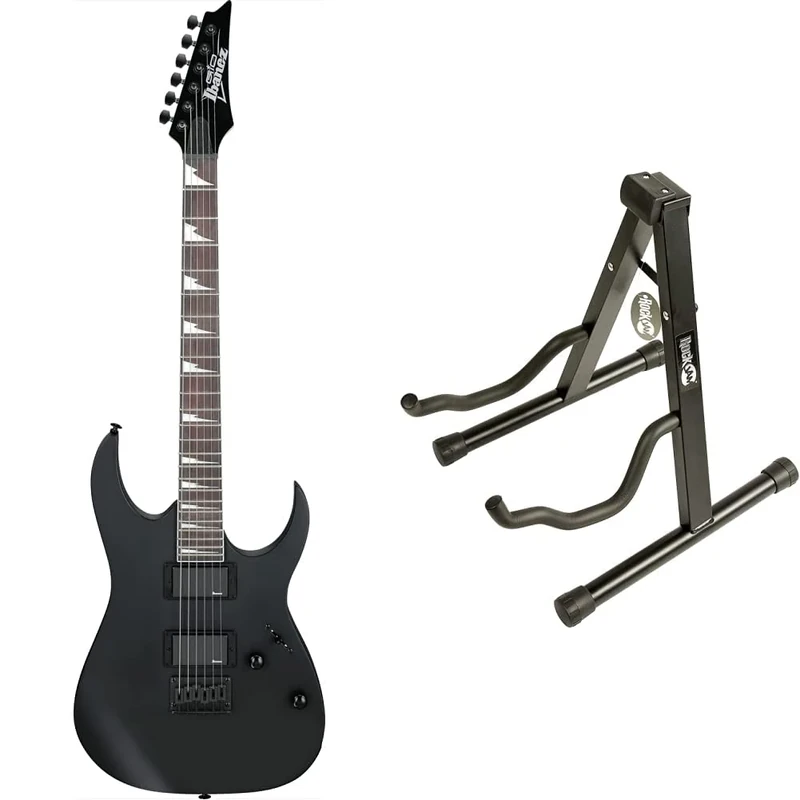 Ibanez GRG121DX-BKF GIO RG Series Electric Guitar- Black Flat & RockJam RJGS01 Universal Portable A-frame Guitar Stand for Acoustic Guitar, Electric Guitar & Bass Guitar, Black, 11.0 in*1.9 in*13.7 in