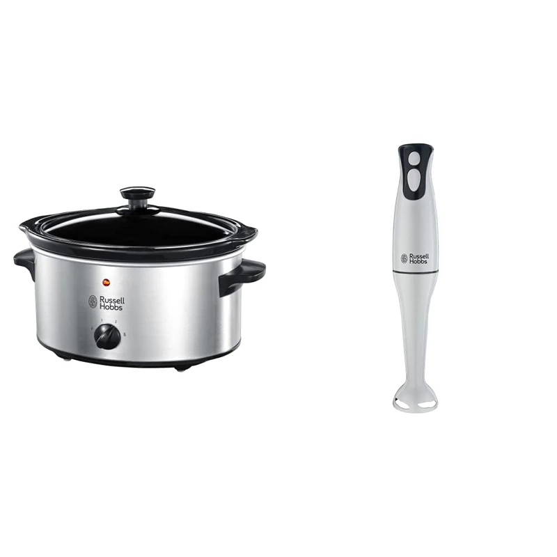 Russell Hobbs Slow Cooker 23200, 3.5 L - Stainless Steel Silver & 22241 Food Collection Hand Blender, 200 W - White
