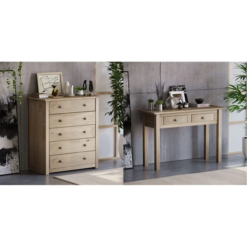 Vida Designs Panama 5 Drawer Chest Solid Pine Wood Waxed Oak Finish & Panama Console Table 2 Drawer, Natural Oak