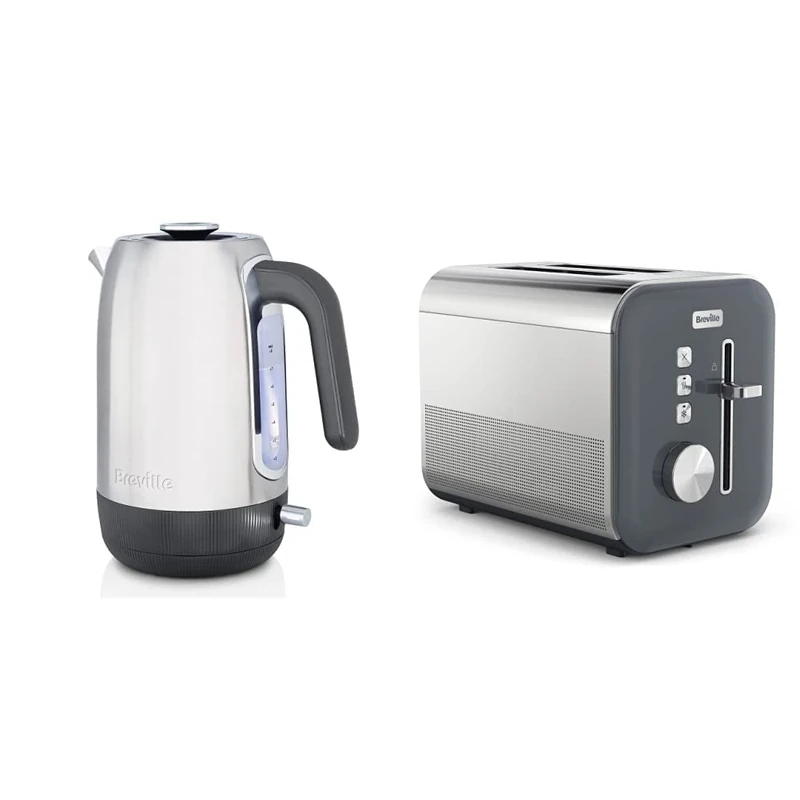 Breville Edge Electric Kettle | 1.7 Litre | Still Hot Illumination | 3kW Fast Boil [VKT192] & High Gloss 2-Slice Toaster with High-Lift & Wide Slots | Grey & Stainless Steel [VTT968]