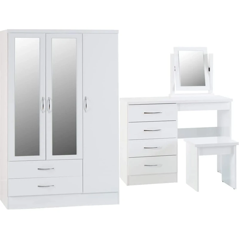 Seconique Nevada 3 Door 2 Wardrobe, White Gloss, Composite Board, Veneer, Handle, Hinges, Metal Drawer Runners, Plastic FEET, Mirrored Glass & Nevada 4 Drawer Dressing Table Set - White Gloss