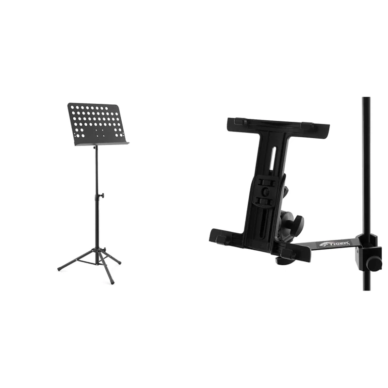 TIGER MUS7-BK Orchestral Stand All Metal Construction Fully Adjustable Sheet Music Stand Black & IMCA-BK Tablet iPad Holder Mount for Microphone with Adjustable Clamp Black