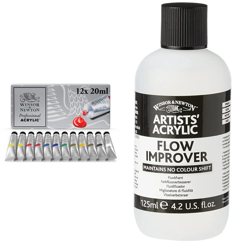Winsor and Newton 2390402 Artists Acrylic Paint Starter (12 x 20 ml) & WN Acrylic Flow Improver 125 ml, ACFAFI125