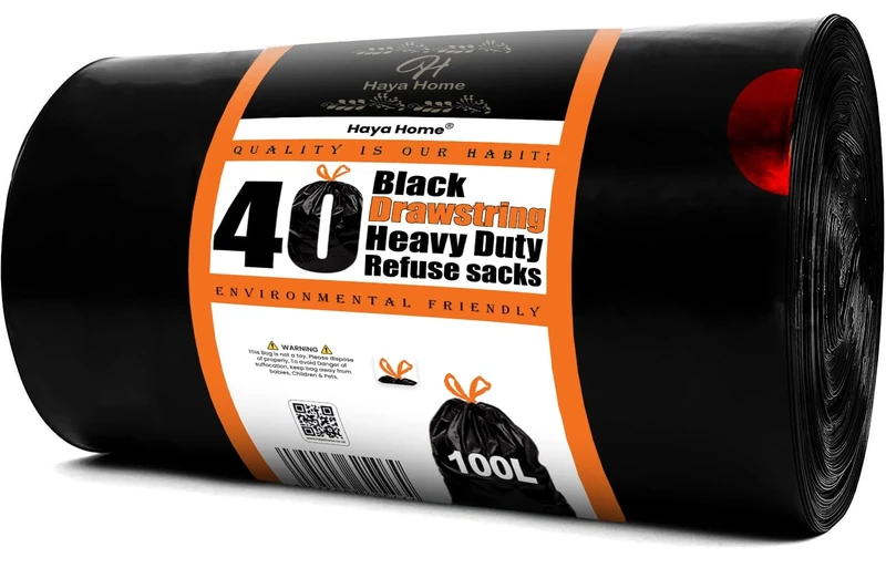 Haya Home 100L litre 40 Drawstring Bin Bags Heavy Duty Bin Liners Black Plastic Refuse Sacks tie top handle large Waste Dustbin Bags for Kitchen Home Office DIY Garden 100% Recycled Material