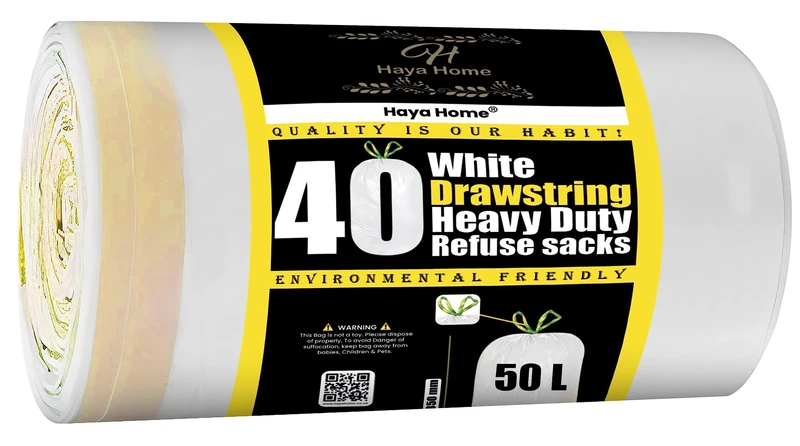 H Haya Home 50L Litre 40 Drawstring Bin Bags Heavy Duty Swing Bin Liners, White Plastic Refuse Sacks Tie Top handle Large WasteTrash Dustbin Bags For Kitchen Home Office Garden From Recycled Material