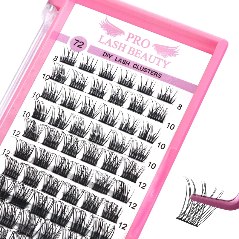 Cluster Lashes, 72 Pcs Individual Lashes, Lash Clusters DIY Eyelash Extension, Mixed Tray 8-16mm, Natural Lashes Super Thin Band Reusable Soft & Comfortable(D-8-16mix)
