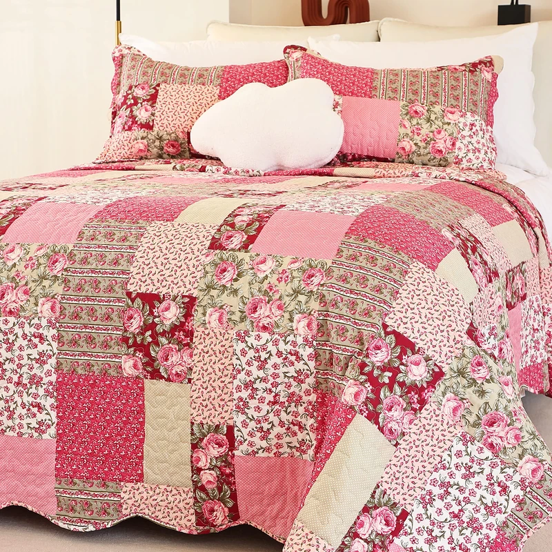 Cmfshape Summer Floral King Quilted Bedspread,Romantic Pink Quilt Set,Reversible Stitched Bedding Cover All Season,Soft Lightweight Coverlet with Pillow Cases (Hot pink&Rose, King102 x90)