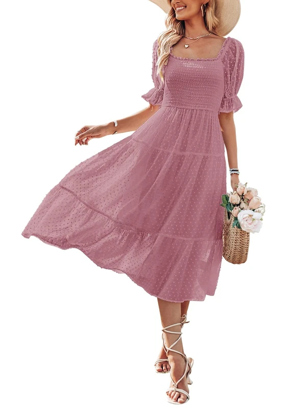 Merokeety Women's Summer Square Neck Puff Sleeve Boho Midi Dress Swiss Dot Ruffle Flowy Tie Back Dress, Purple, Small