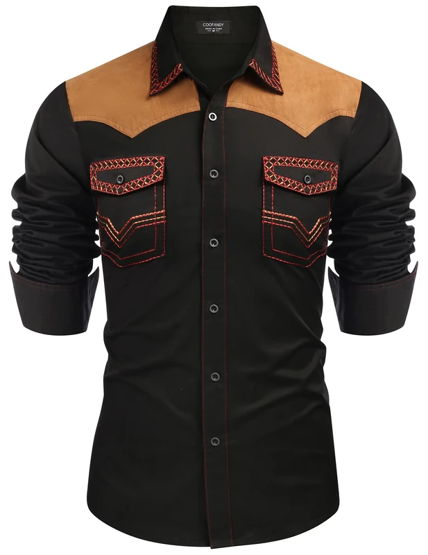 COOFANDY Men's Western Cowboy Shirt Embroidered Long Sleeve Slim Fit Casual Cotton Button Down Hippie Shirts with Pockets, Black, Medium