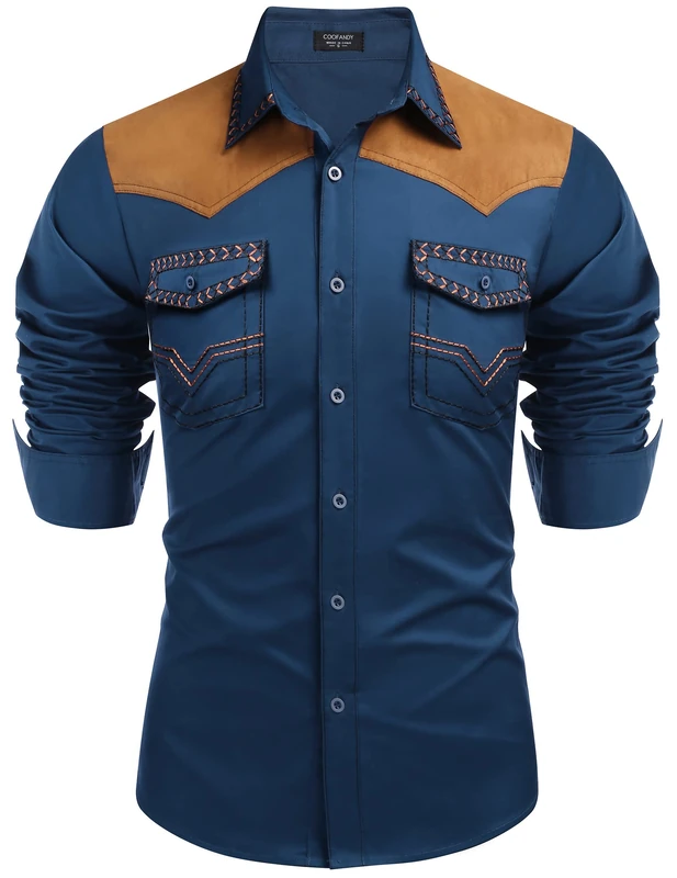 COOFANDY Men's Western Cowboy Shirt Embroidered Long Sleeve Slim Fit Casual Button Down Hippie Shirts with Pockets, Blue, XL
