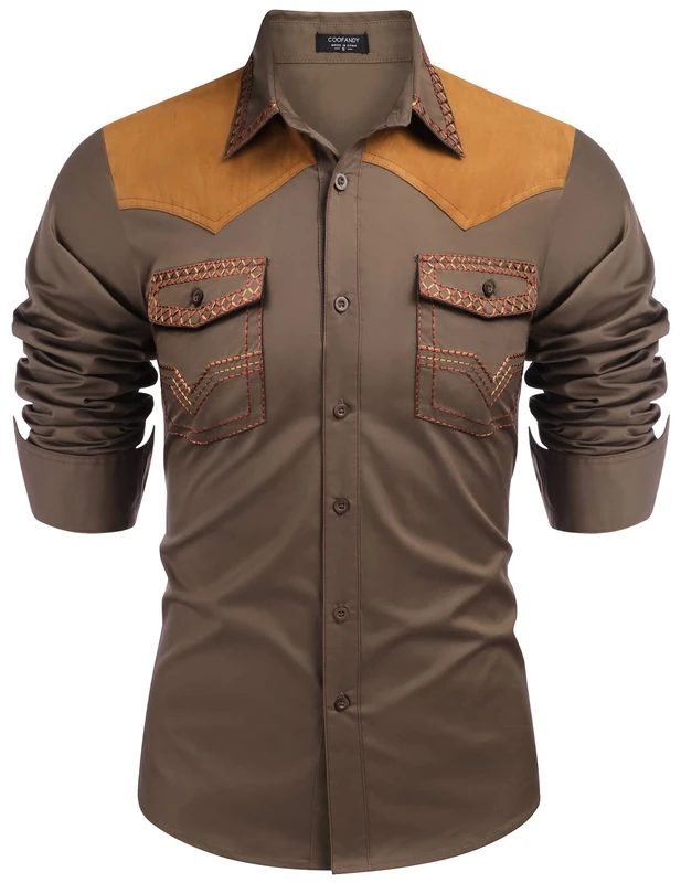 COOFANDY Men's Western Cowboy Shirt Embroidered Long Sleeve Slim Fit Casual Button Down Hippie Shirts with Pockets, Khaki, XXL