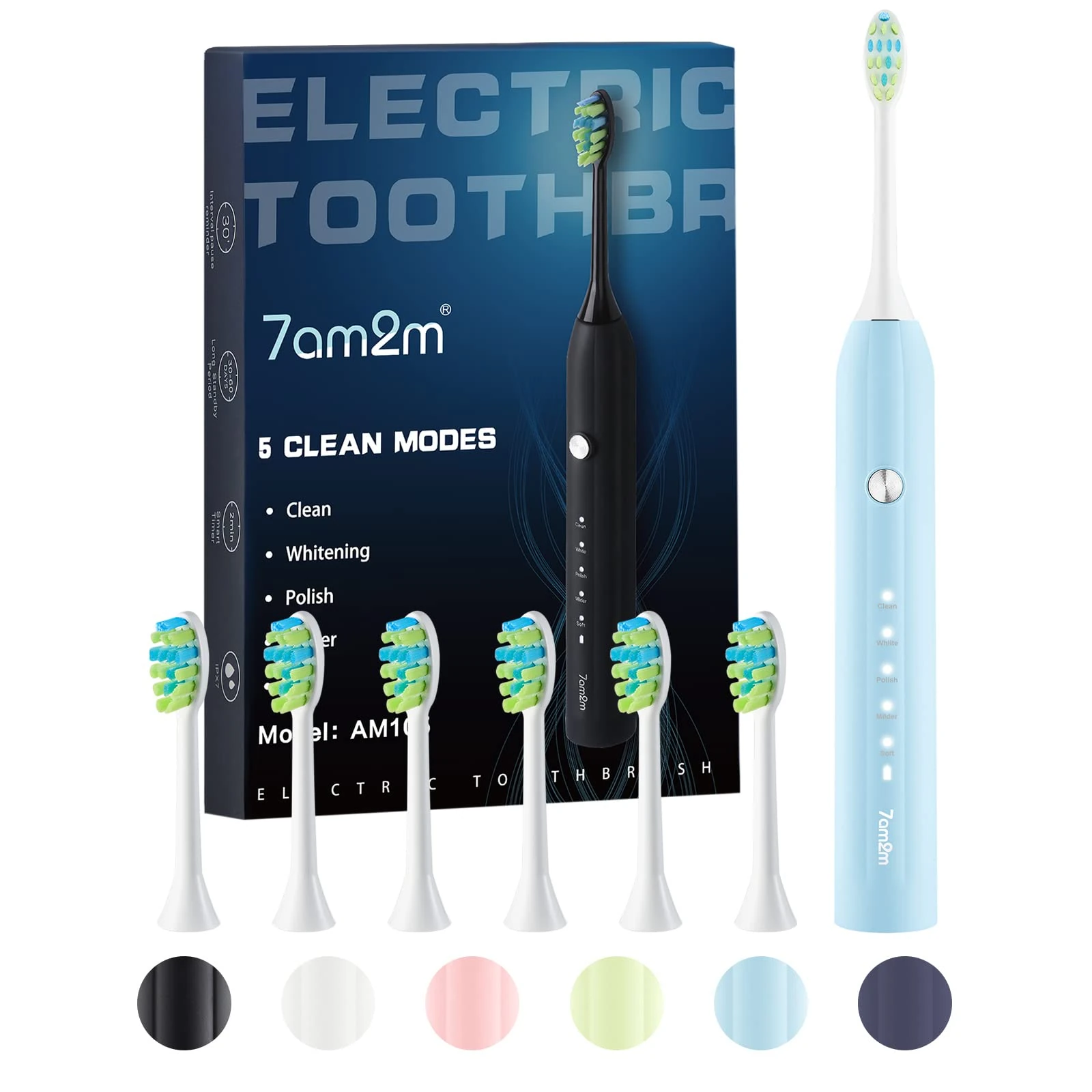 7AM2M Sonic Electric Toothbrush for Adults and Kids with 6 Brush Heads, 5 Modes with 2 Minutes Build in Smart Timer, One Charge Use for 90 Days, Rechargeable Toothbrushes (Light Blue)