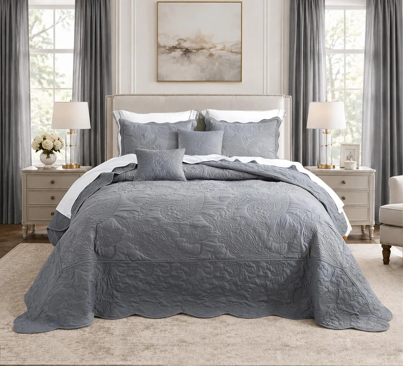 HZ & HY Oversized Alaskan King Bedspread 138x122, Paisley, Ultimate Gray