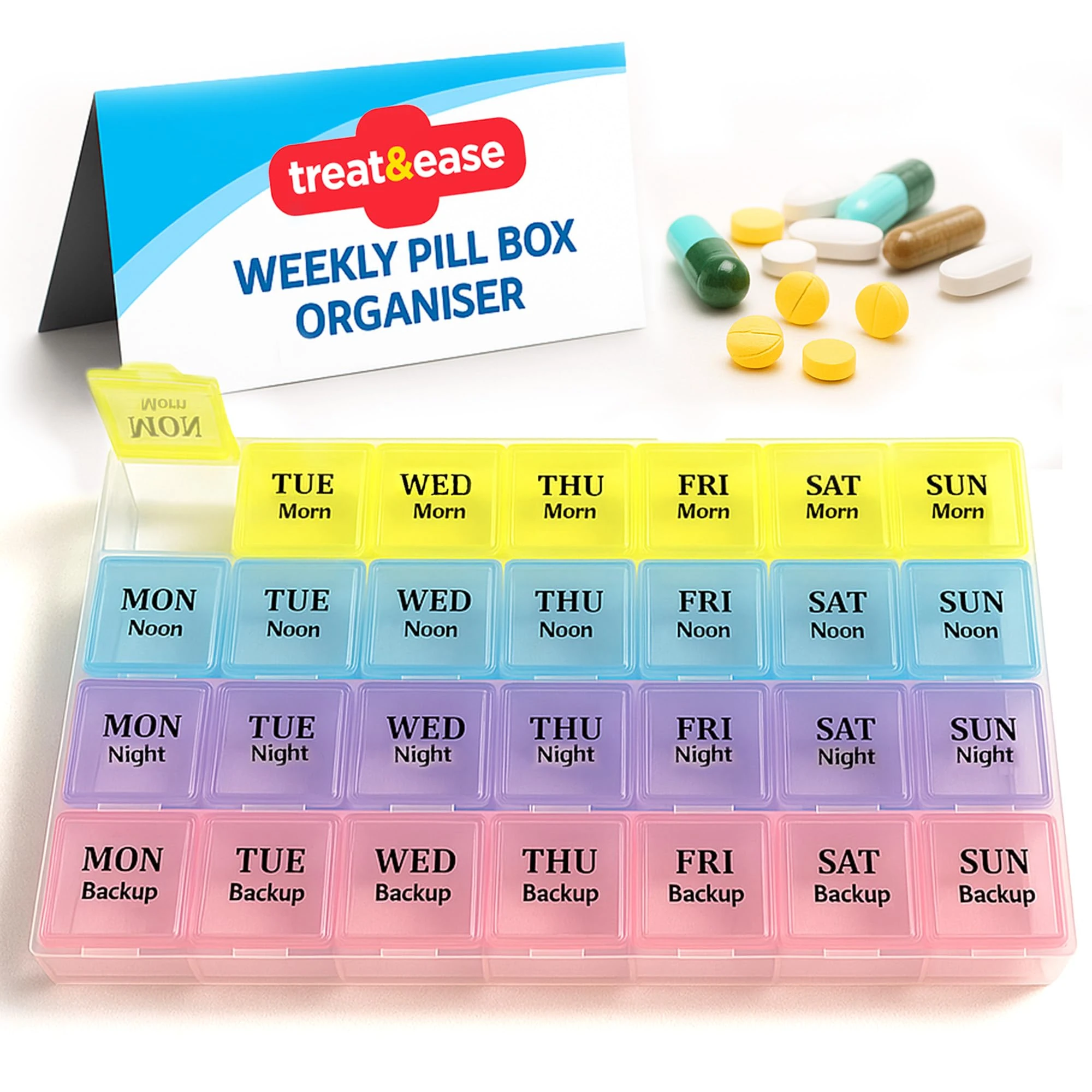 SOL Weekly Pill Box Organiser - 7 Day 4 Times a Day - Colourful Compartments, Large Storage for Medication, Easy-to-Lift Lids, Travel-Friendly, Ideal for Supplements and Daily Tablet Management