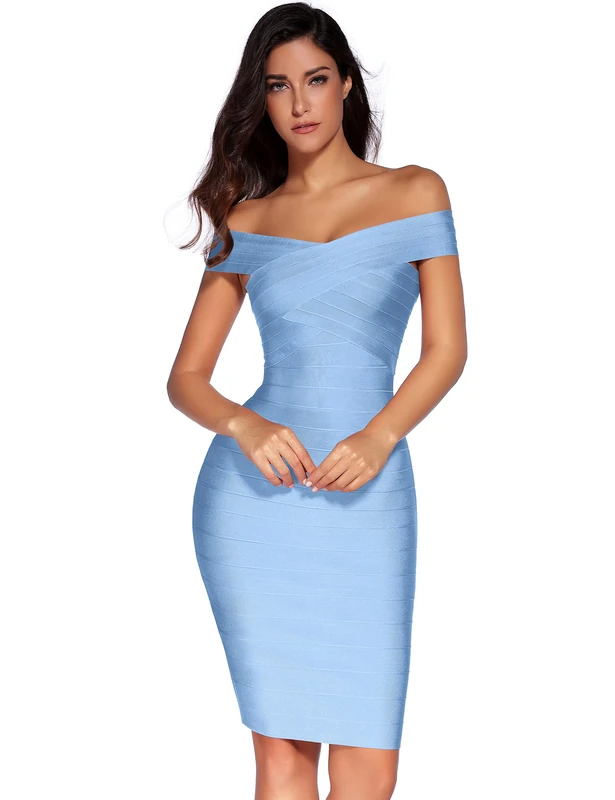 meilun Women's Rayon Off Shoulder Bandage Bodycon Party Dress Wedding Guest Dress, Ice Blue, S