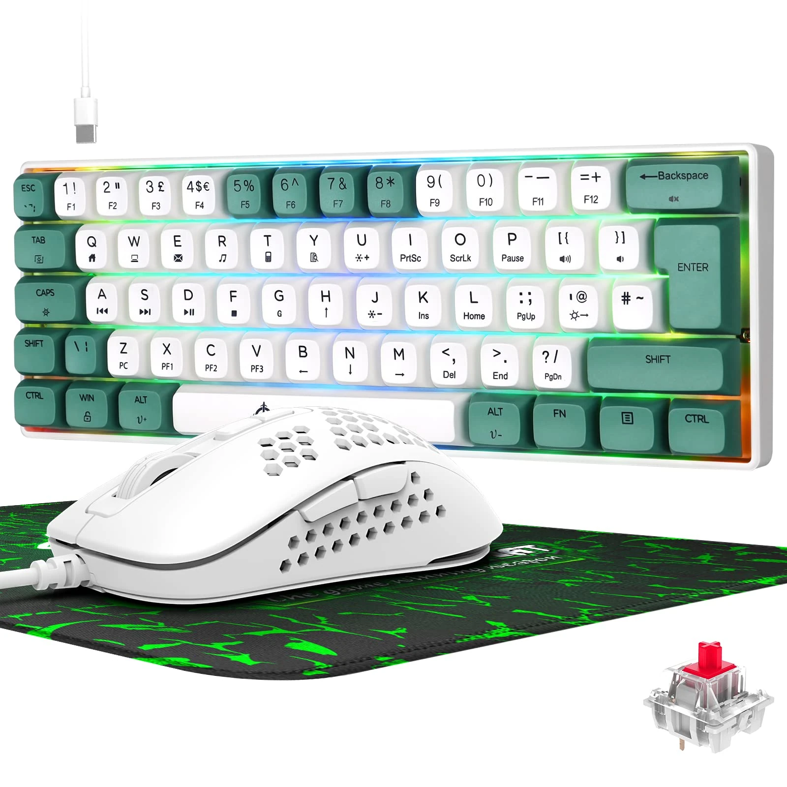 Gaming Keyboard and Mouse and Mouse pad UK Layout 60% Mini 62 Keys Compact Mechanical Keyboard Lightweight Honeycomb Shell, Wired LED RGB Backlight Bundle for PS4 Xbox PC Laptop Office ZIYOU LANG MK21