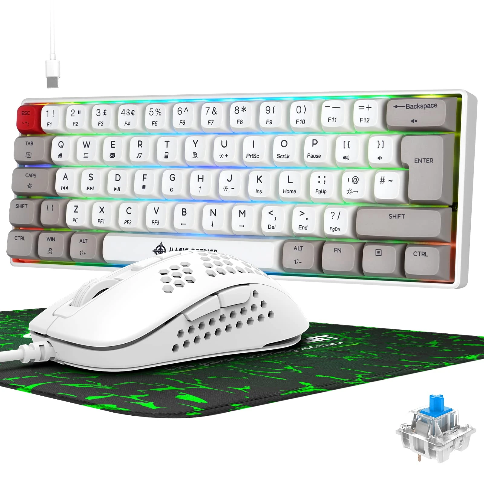 ZIYOU LANG MK21 UK Layout 60% Gaming Keyboard and Mouse Set with Mousepad, Wired Rainbow RGB LED Backlight Mechanical Mini Keyboard 62 Keys, Honeycomb Shell Mouse Adjustable 6400DPI for PC Laptop PS4