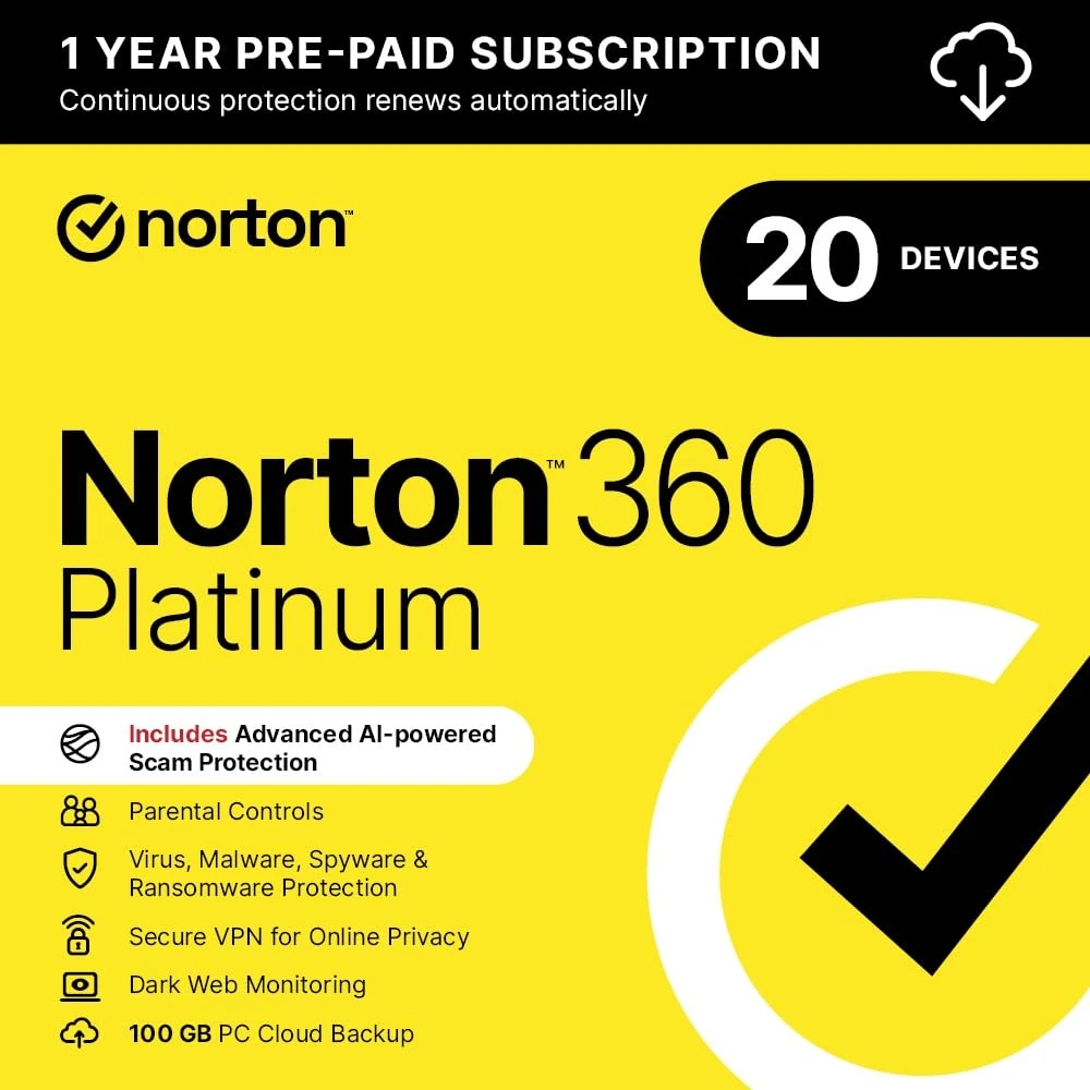 Norton 360 Platinum 2025 - Antivirus software | 20 Devices | 1-year subscription | Automatic renewal, Secure VPN , Password Manager | 1 Device | PC/Mac/Mobile | Activation Code by email