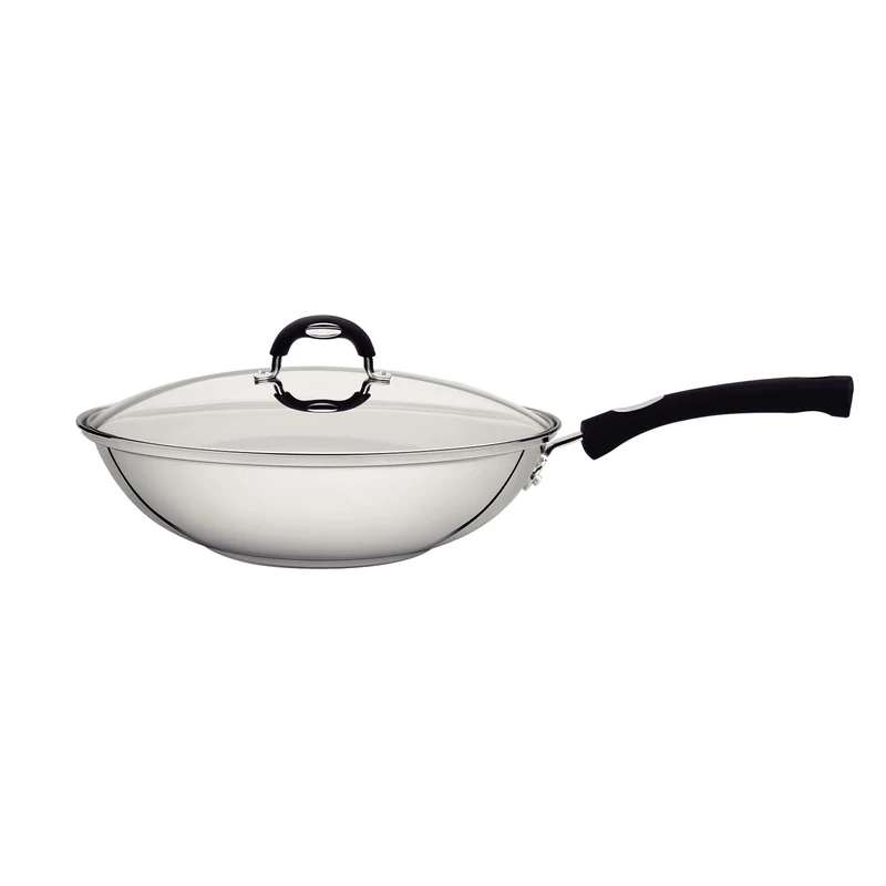 Tramontina Stainless Steel Wok with Glass Lid | 28 cm (3.3 Litre) | Induction-Ready | Silicone Comfortable Handles | Dishwasher-Safe 62138/280