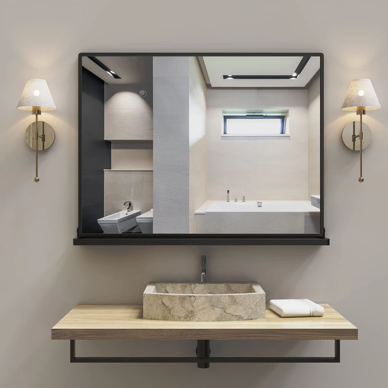 ANYHI Large Black Bathroom Mirror 80 × 62 cm, Rectangular Wall Mirror with Shelf for Bathroom, Bedroom, Living Room, Metal Frame